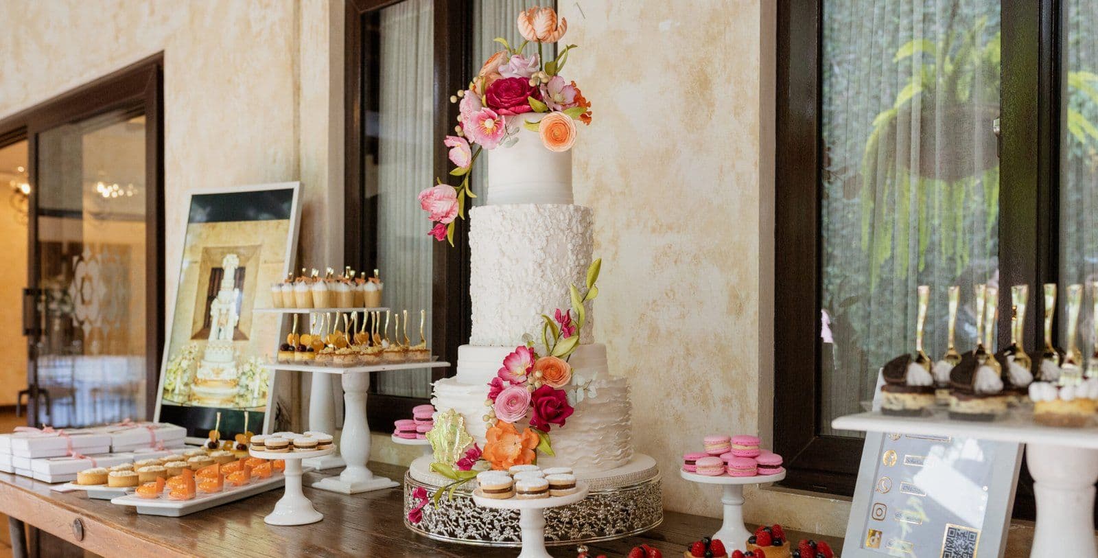 Wedding cake and dessert table at Hotel Los Pasos, Antigua Guatemala
