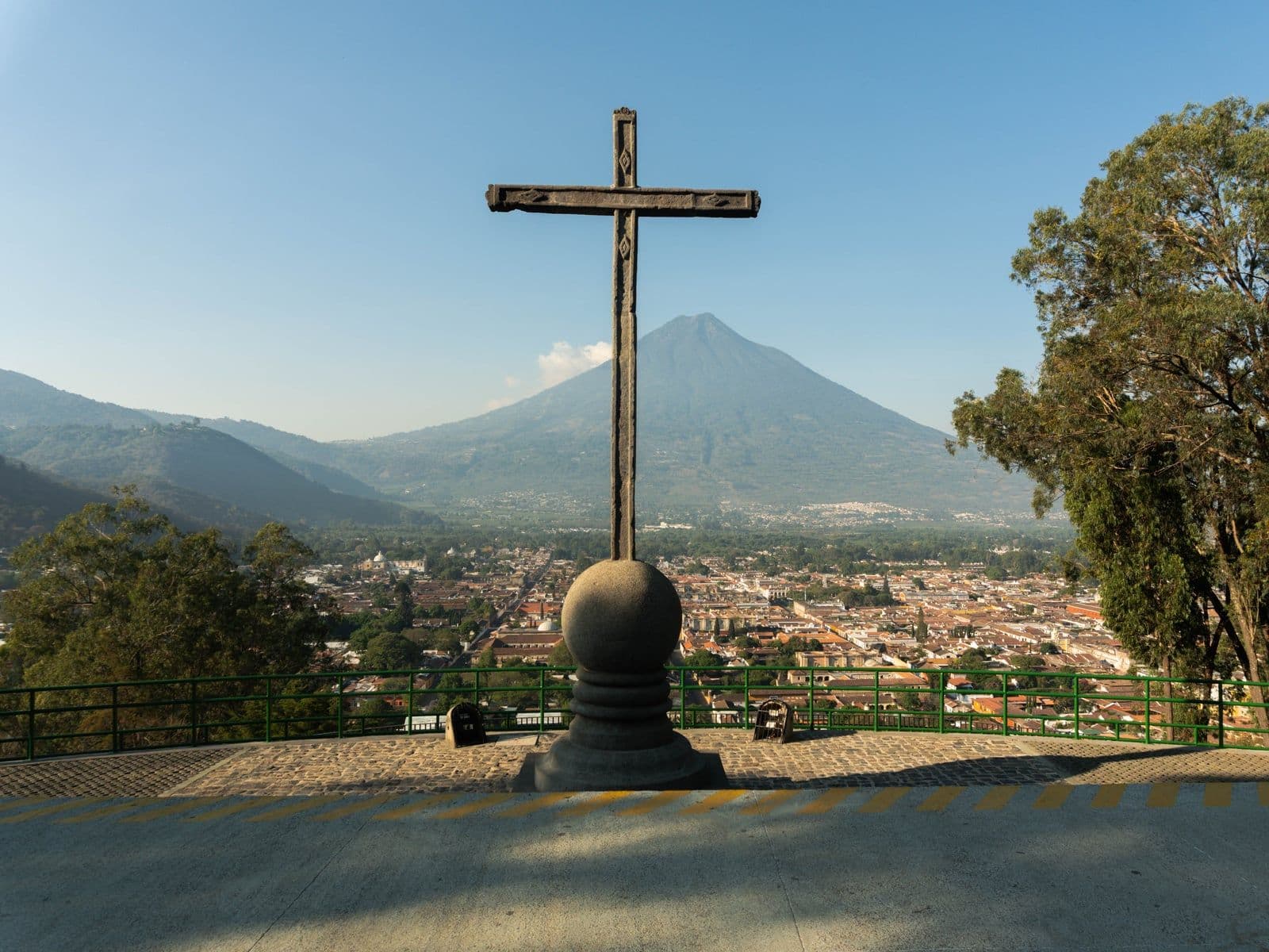 The cross at Cerro de la Cruz overlooking Antigua Guatemala and Volcán de Agua